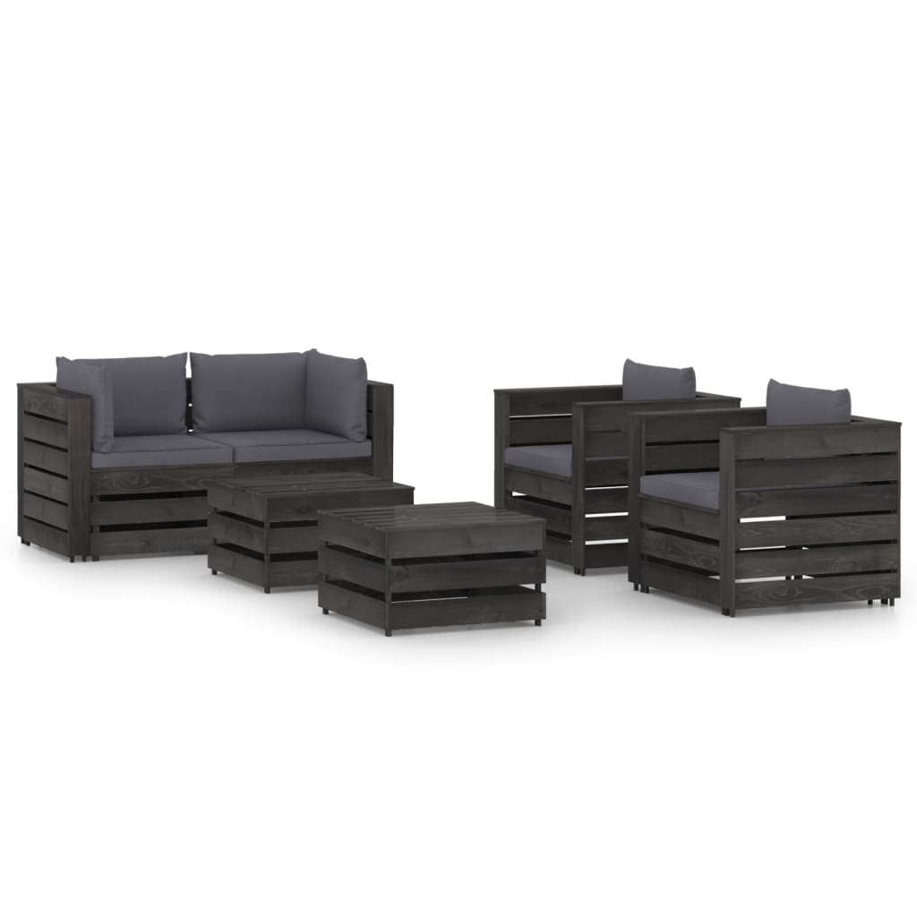 Set mobilier gradina cu perne 6 piese canapea 2 fotolii si masute de cafea, vidaXL, Lemn tratat de pin, Gri inchis/Perne Albastru
