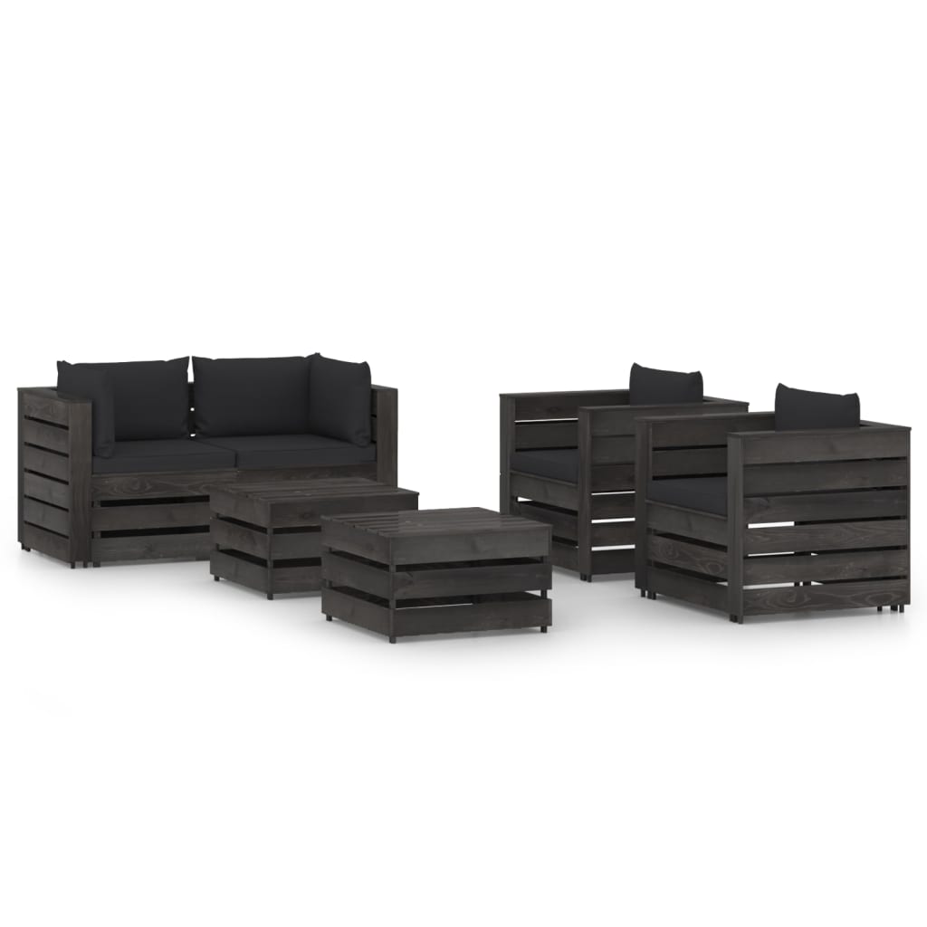Set mobilier gradina cu perne 6 piese canapea 2 fotolii si masute de cafea, vidaXL, Lemn tratat de pin, Gri inchis/Perne negru