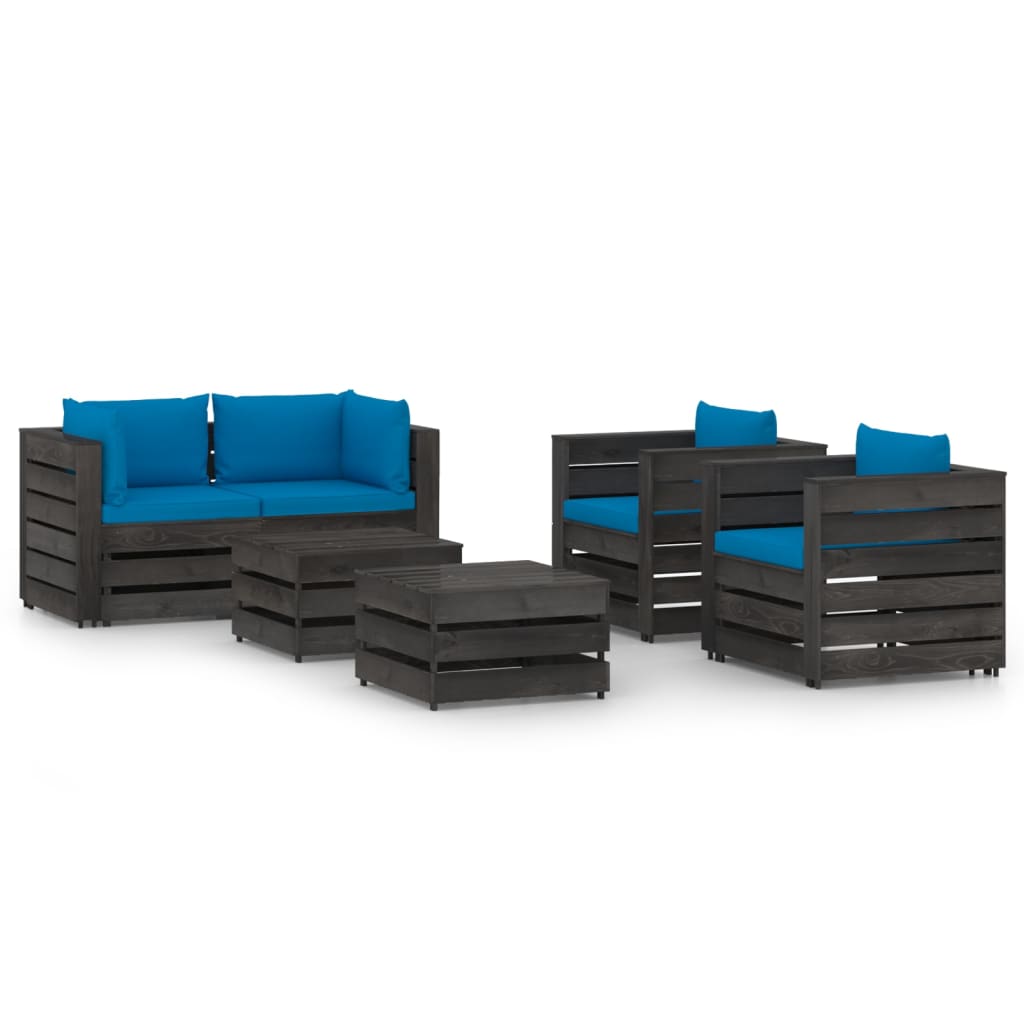 Set mobilier gradina cu perne 6 piese canapea 2 fotolii si masute de cafea, vidaXL, Lemn tratat de pin, Gri inchis/Perne albastru