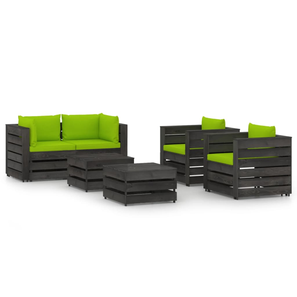 Set mobilier gradina cu perne 6 piese canapea 2 fotolii si masute de cafea, vidaXL, Lemn tratat de pin, Gri inchis/Perne Verde aprins