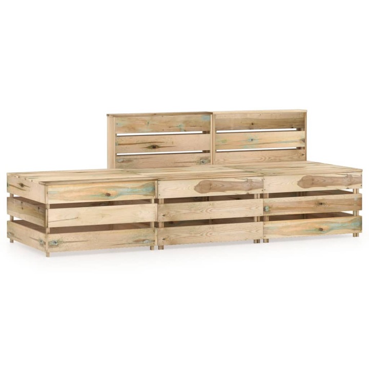 Set mobilier gradina Zakito Europe, din paleti, lemn de pin impregnat, 2 canapele, 1 masa/picior, verde, 60x70x66 cm