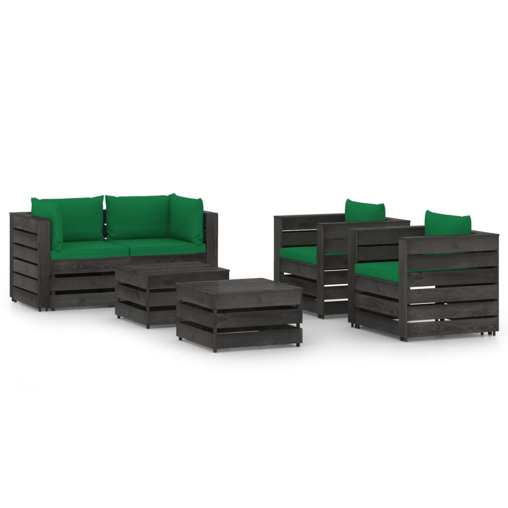 Set mobilier gradina cu perne 6 piese canapea 2 fotolii si masute de cafea, vidaXL, Lemn tratat de pin, Gri inchis/Perne verde
