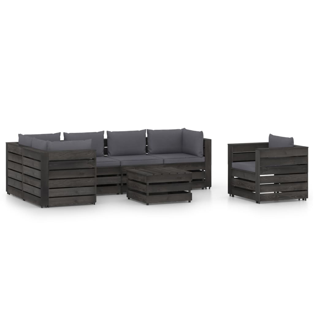Set mobilier gradina cu perne 7 piese canapea cu fotoliu si masuta de cafea, vidaXL, Lemn tratat de pin, Gri inchis/Perne negru