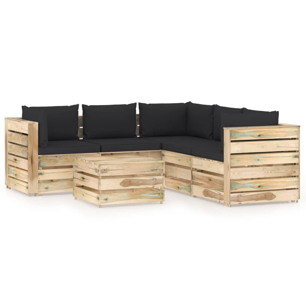 Set mobilier de gradina 6 piese canapea L cu perne si cu masuta cafea, vidaXL, Lemn de pin, Maro/Perne negru