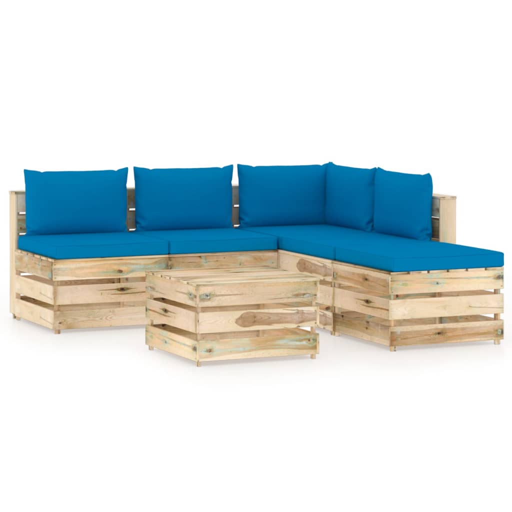 Set mobilier gradina 6 piese canapea L cu masuta cafea si perne, vidaXL, Lemn de pin, Maro-Perne albastru deschis
