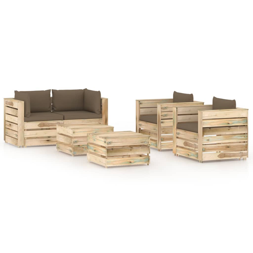Set mobilier de gradina 6 piese canapea si fotolii cu taburet/masuta, vidaXL, Lemn de pin tratat, Maro-perne gri taupe
