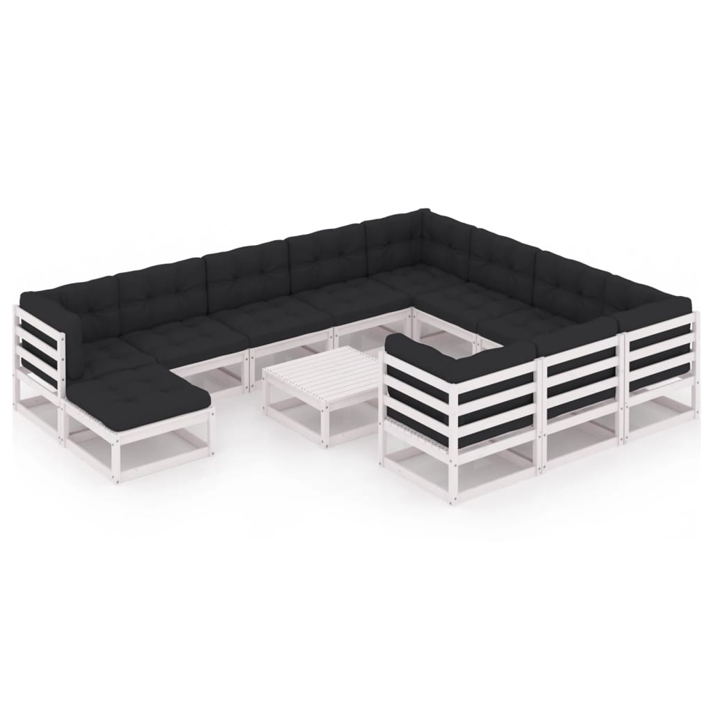 Set mobilier de gradina din 12 piese cu masa si perne vidaXL, Lemn, Alb/Antracit