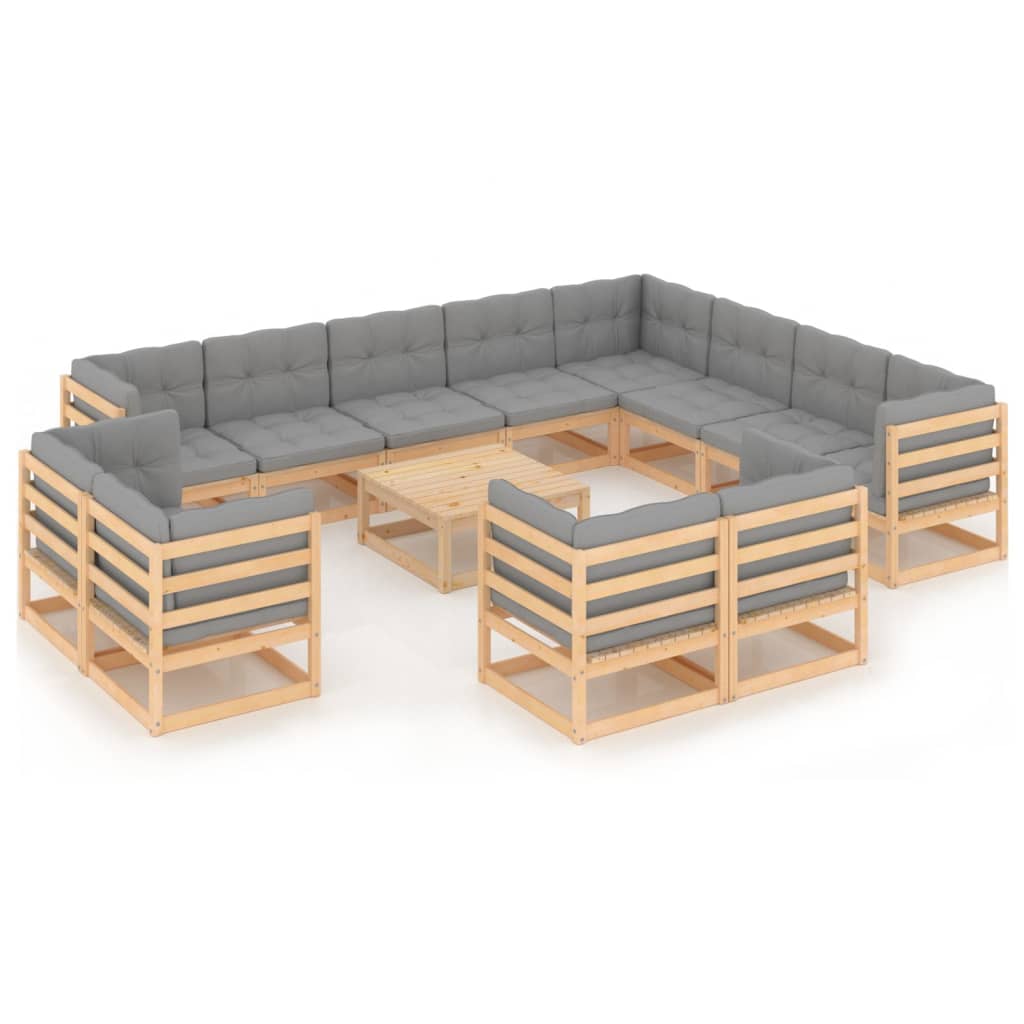 Set mobilier de gradina din 13 piese cu perne vidaXL, Lemn, Maro/Gri