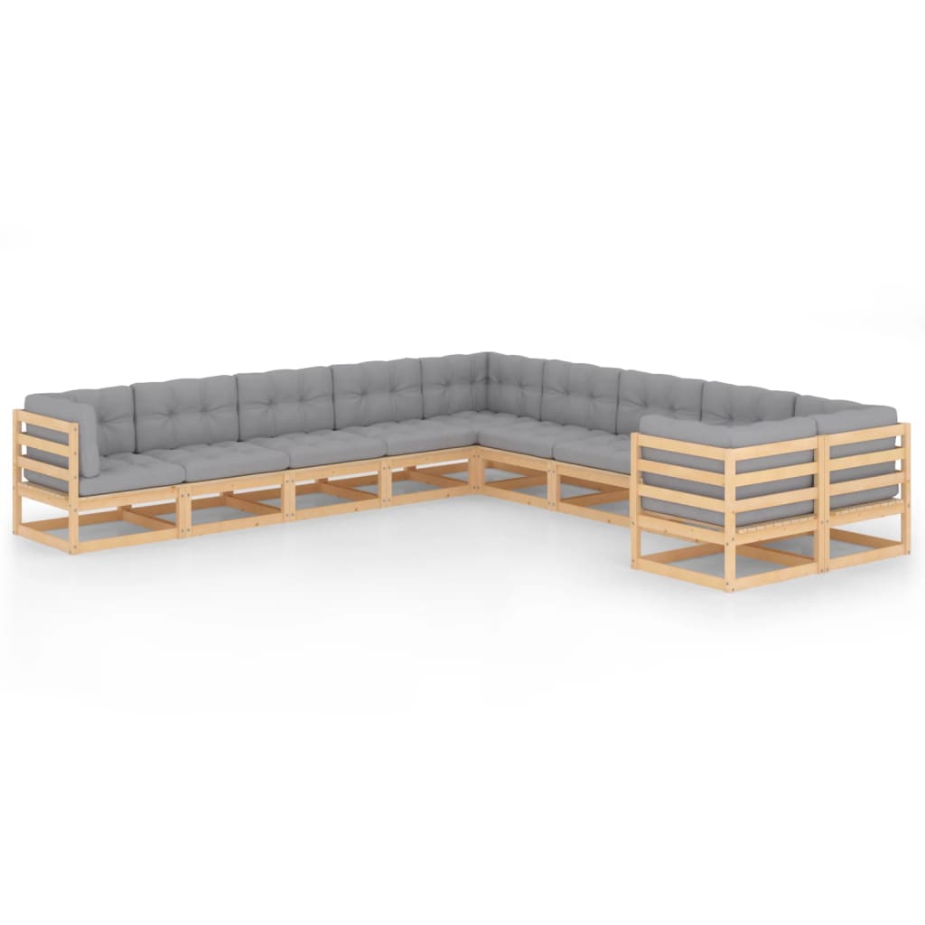 Set mobilier de gradina din 10 piese cu perne gri vidaXL, Lemn, Maro/Gri