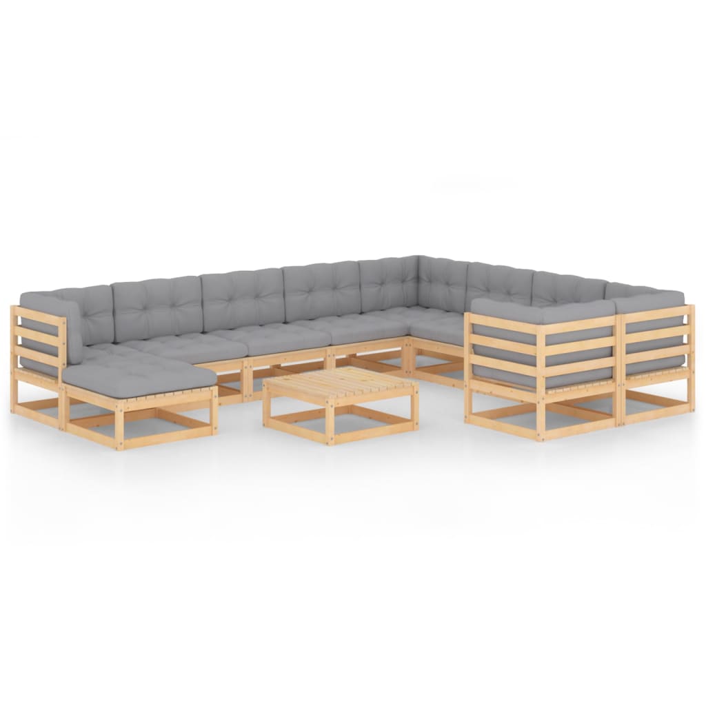 Set mobilier de gradina din 11 piese cu perne gri vidaXL, Lemn, Maro/Gri