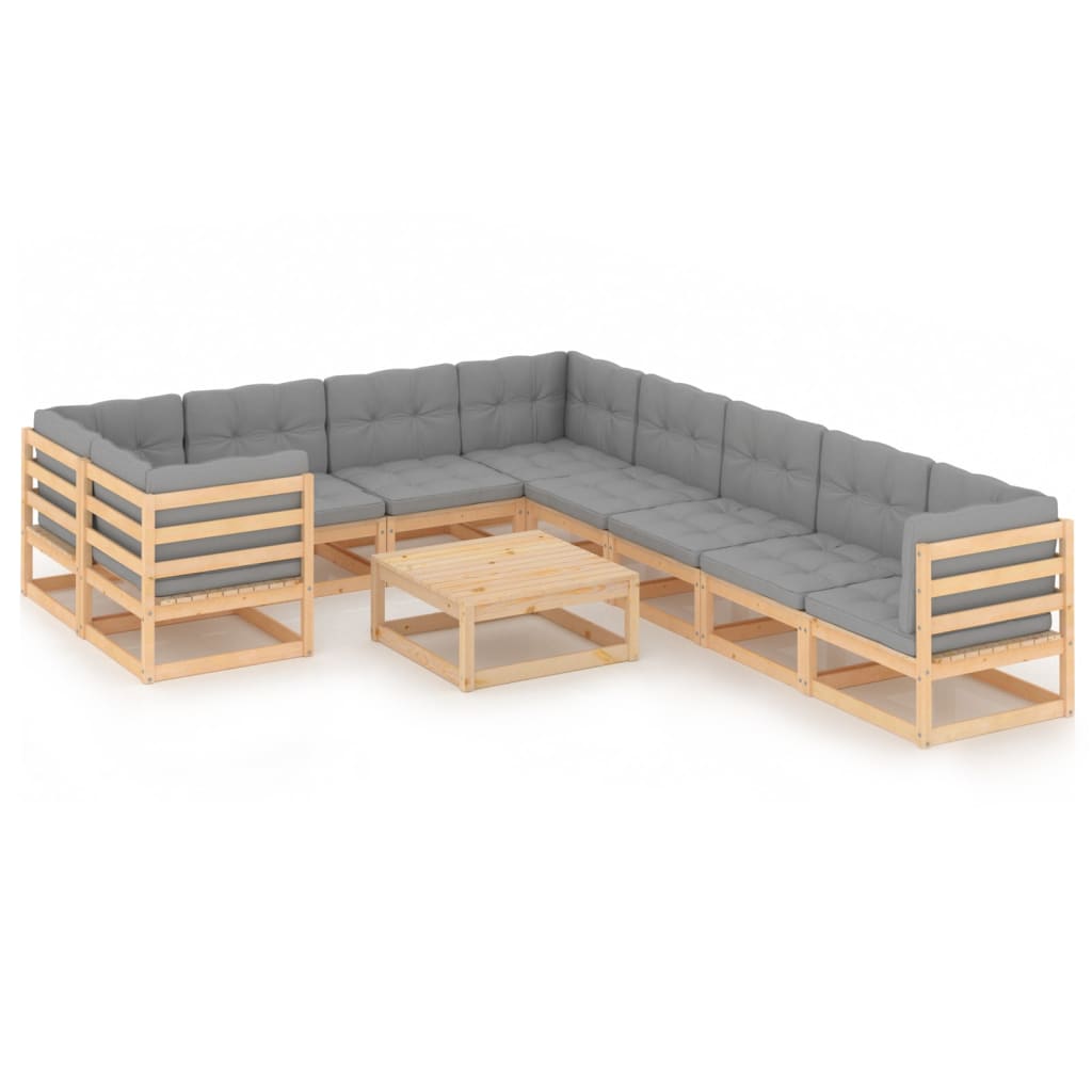 Set mobilier de gradina din 10 piese cu masa si perne vidaXL, Lemn, Maro/Gri