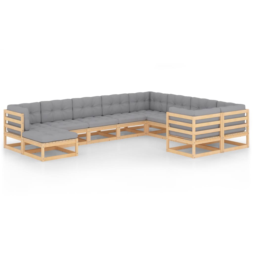 Set mobilier de gradina cu 9 canapele si 1 taburet cu perne vidaXL, Lemn, Maro/Gri