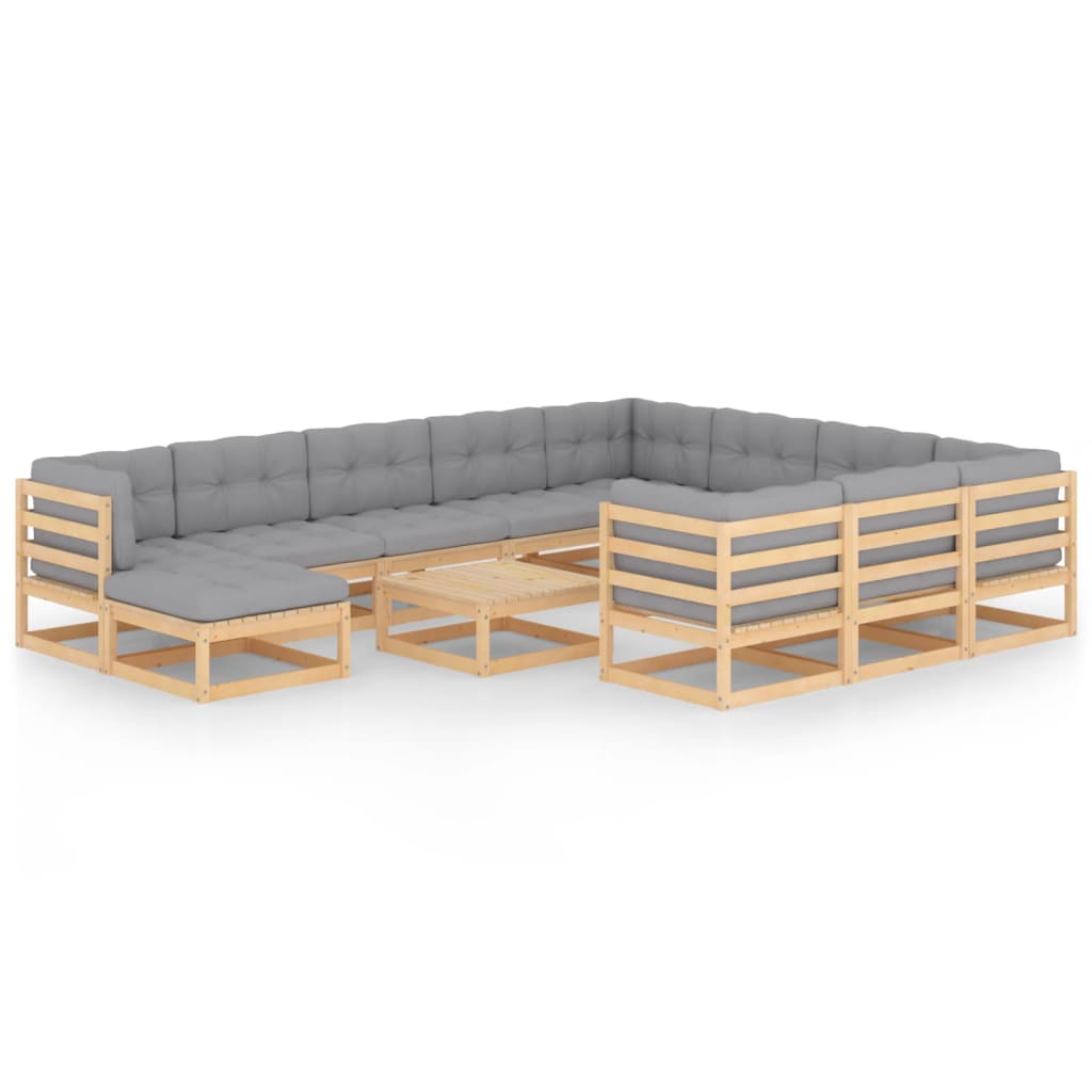 Set mobilier de gradina din 12 piese cu masa si perne vidaXL, Lemn, Maro/Gri