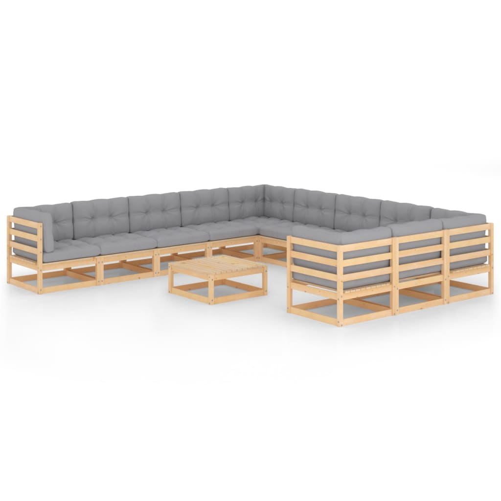 Set mobilier de gradina din 12 piese cu masa si perne vidaXL, Lemn, Maro/Gri