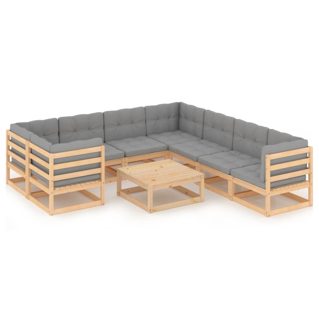 Set mobilier de gradina din 9 piese cu masa si perne vidaXL, Lemn, Maro/Gri
