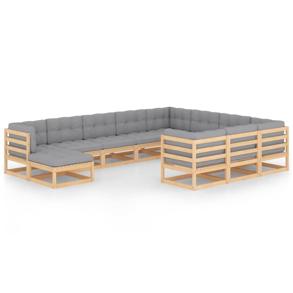 Set mobilier de gradina cu 10 canapele si 1 masa cu perne vidaXL, Lemn, Maro/Gri