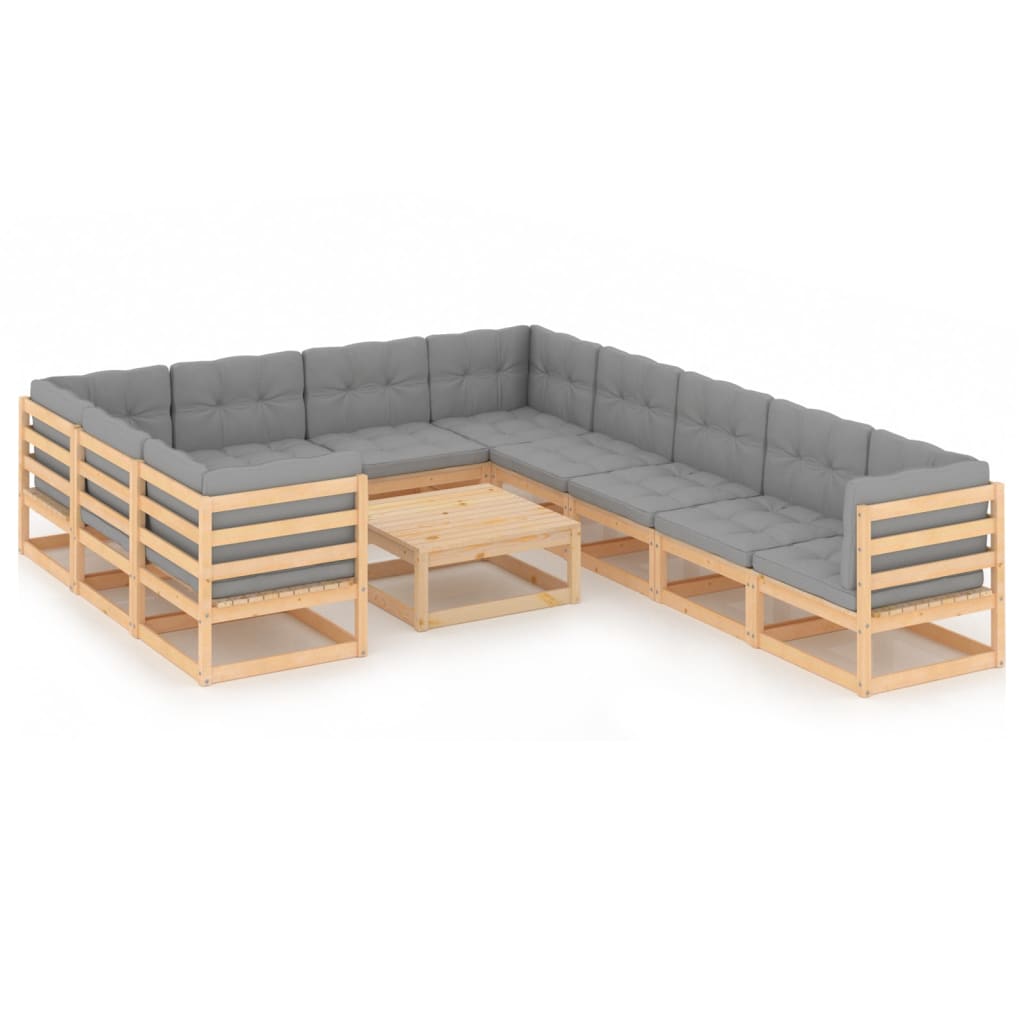 Set mobilier de gradina din 11 piese cu masa si perne vidaXL, Lemn, Maro/Gri