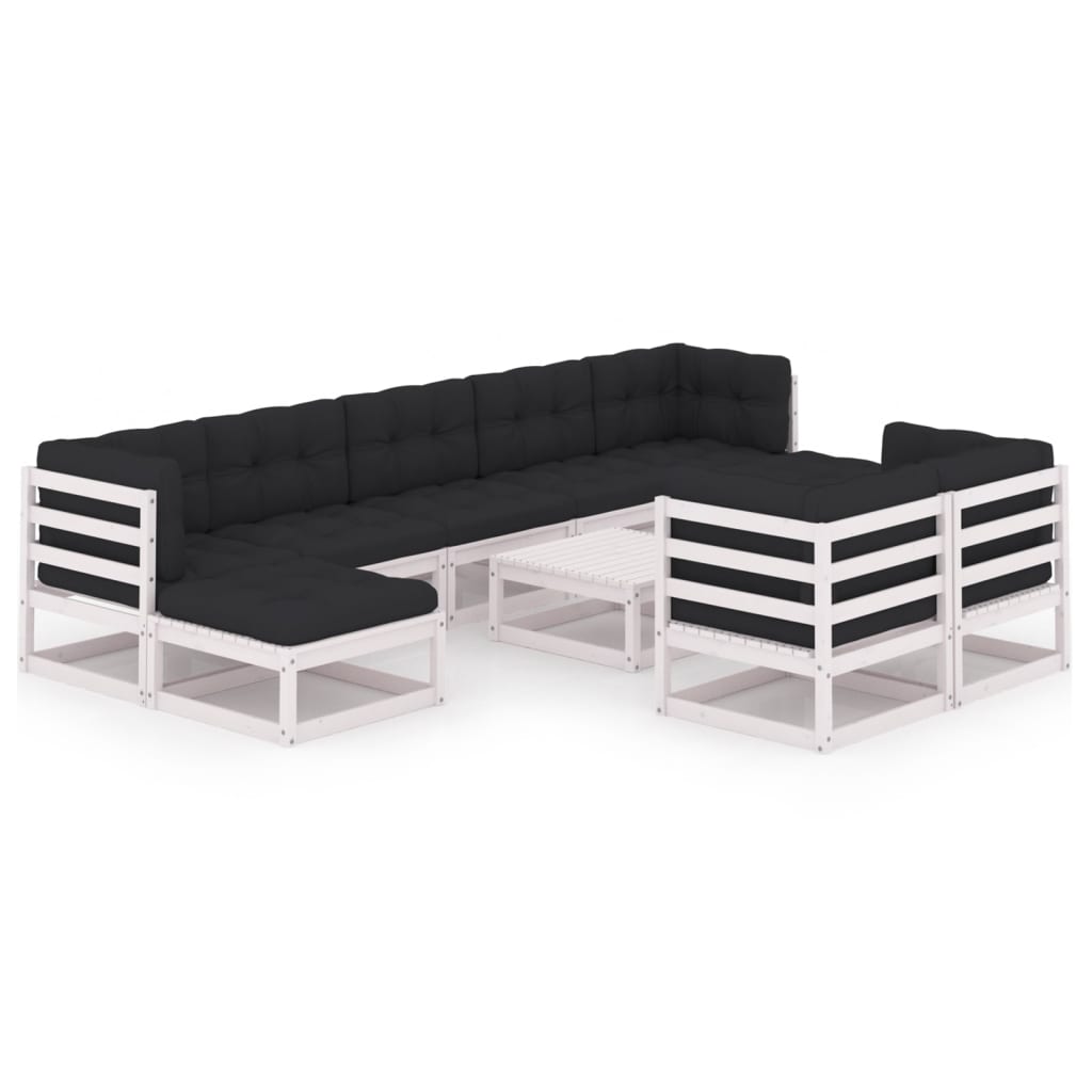 Set mobilier de gradina din lemn masiv cu 10 piese cu perne vidaXL, Lemn, Alb/Antracit
