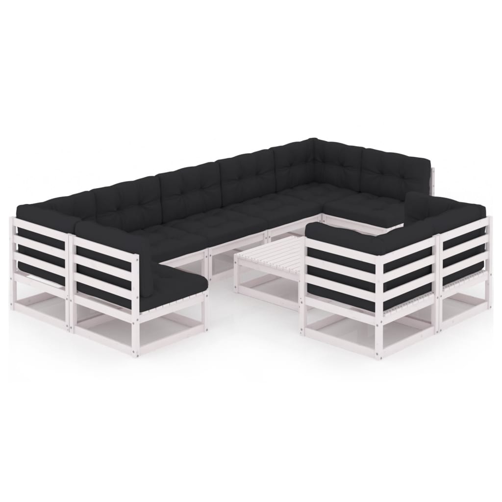 Set mobilier de gradina din lemn masiv de pin cu 10 piese cu perne vidaXL, Lemn, Alb/Antracit