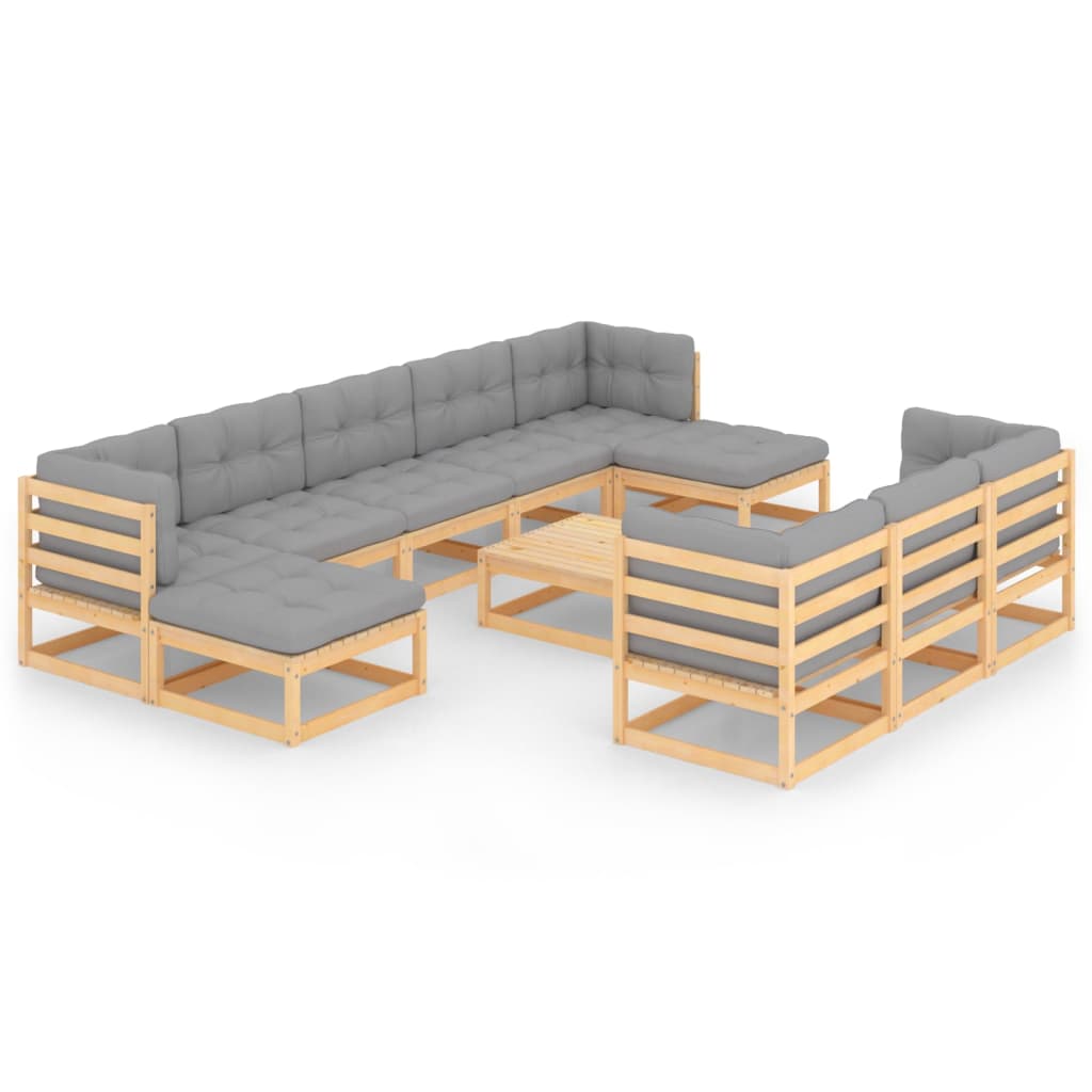 Set mobilier de gradina cu 8 canapele, 2 tabureti si 1 masa cu perne vidaXL, Lemn, Maro/Gri