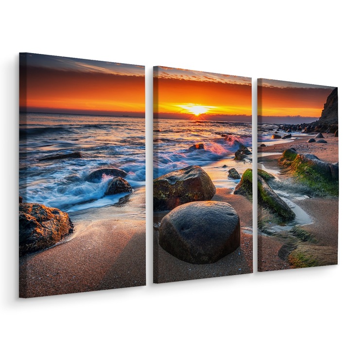 Tablou Triptic Plaja APUS Decor Efect 3D 60cm x 40cm Creative decor, Soare, Peisaj, Decorative, Canvas