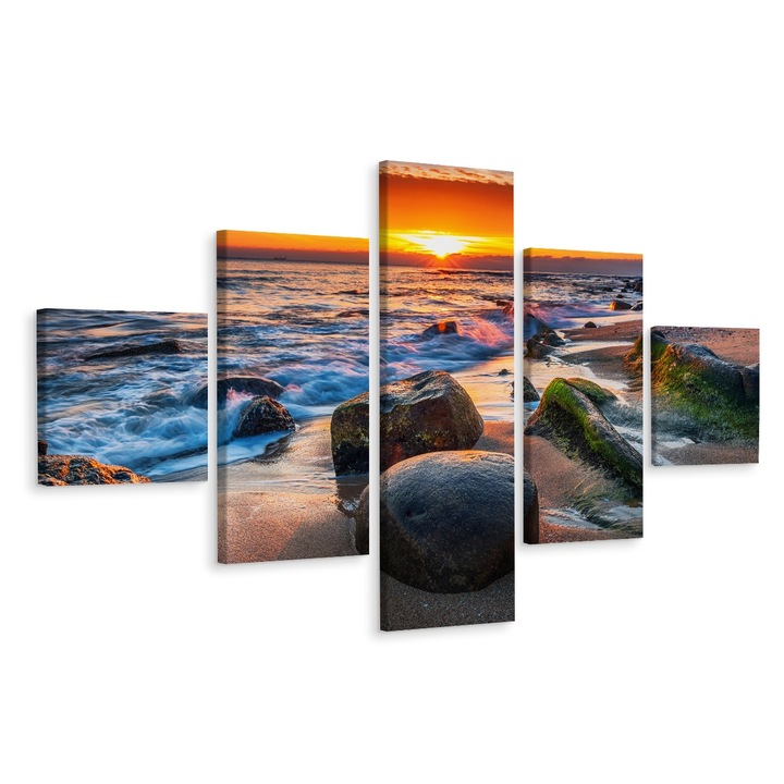 Tablou 5 Piese Plaja SOARE Mare Efekt 3D 250cm x 150cm Creative decor, Efect 3D, Decorative, Canvas, Modern, Natura
