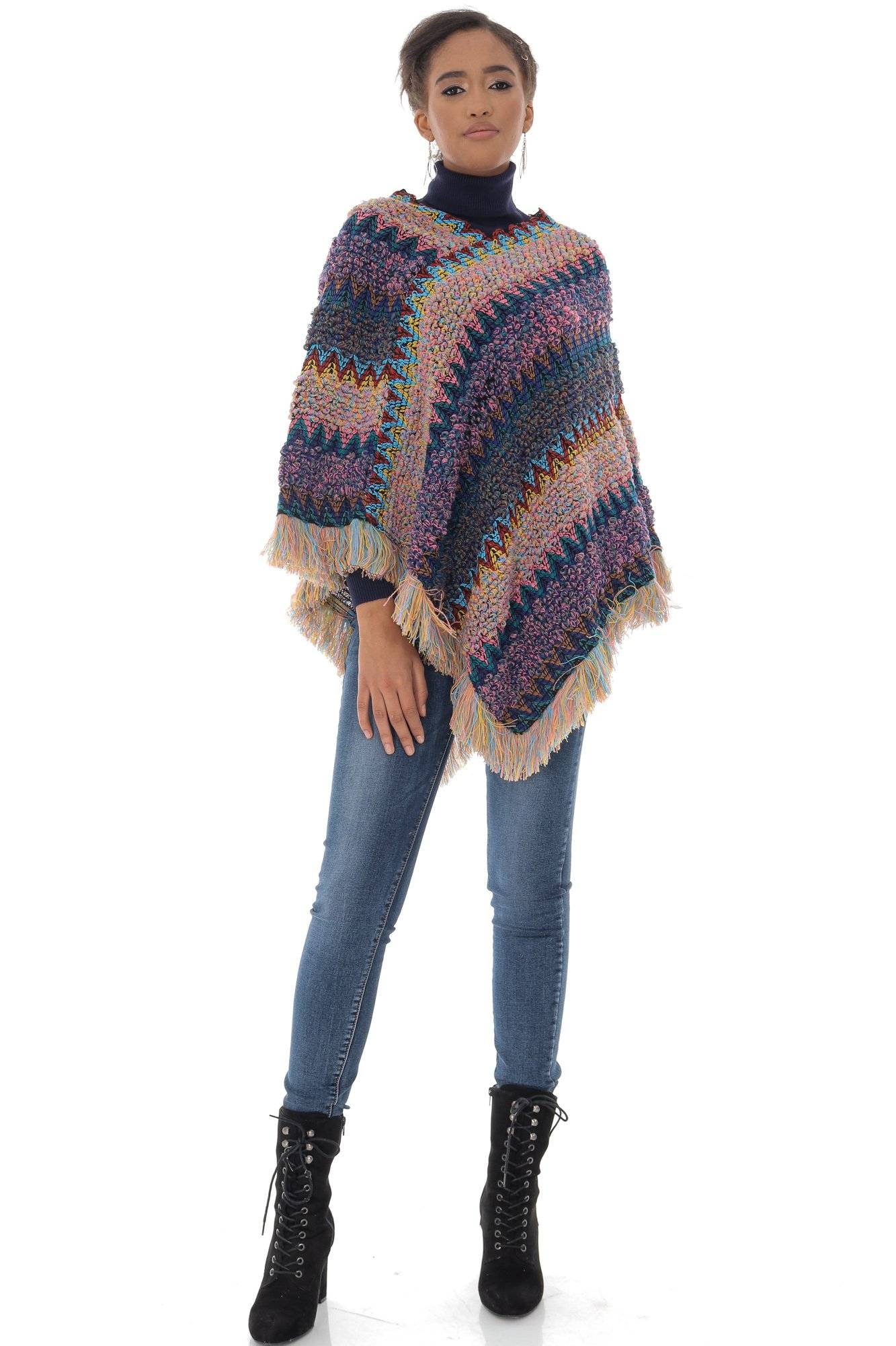 Poncho de dama, Roh JR541, multicolor, cu franjuri, ONESIZE