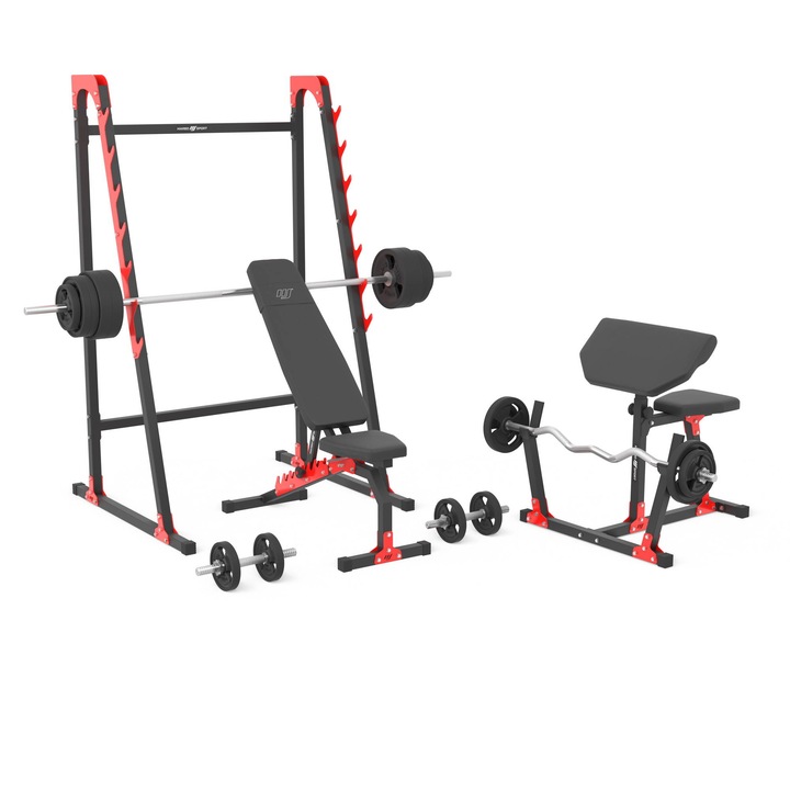 Set aparat multifunctional, Marbo Sport, Include: banca reglabila cu doua fete + suport combinat pentru genuflexiuni cu mai multe niveluri + banca Scott (biceps) + set de 136 kg, inclusiv haltere si greutati cauciucate de 83 kg, Negru/Rosu