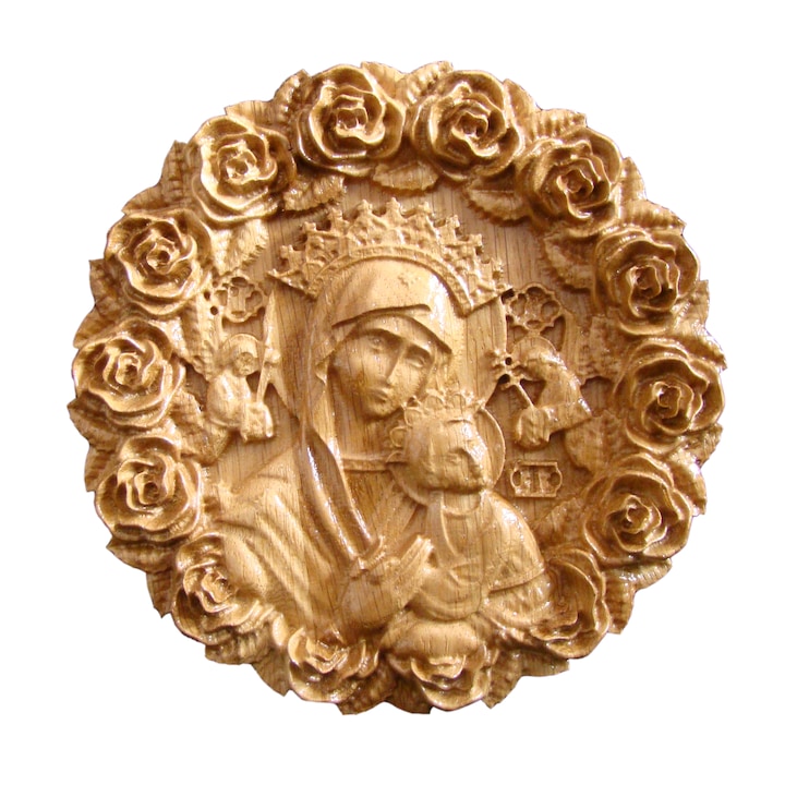 Icoana sculptata Maica Domnului cu Pruncul Iisus, lemn masiv, rama trandafiri, diametru 17.5 cm