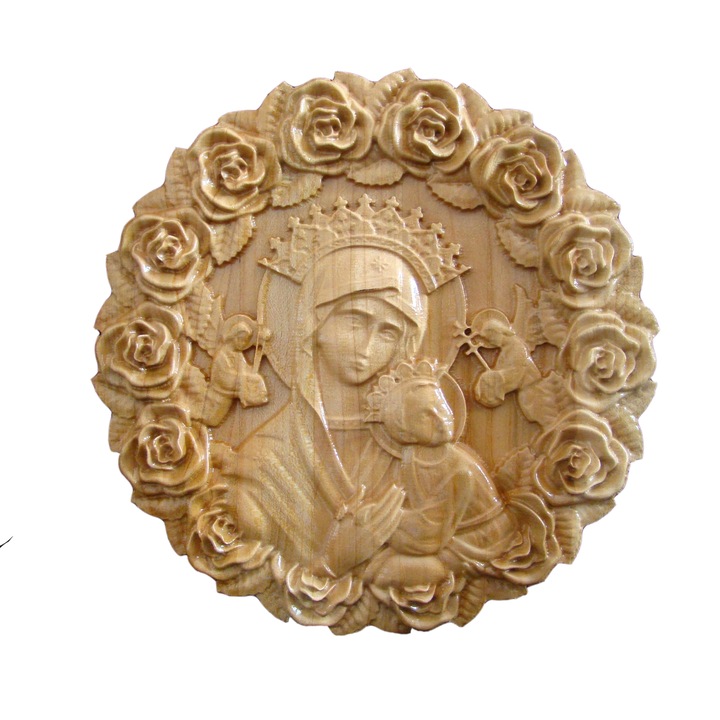 Icoana sculptata Maica Domnului cu Pruncul Iisus, lemn masiv, rama trandafiri, diametru 21 cm