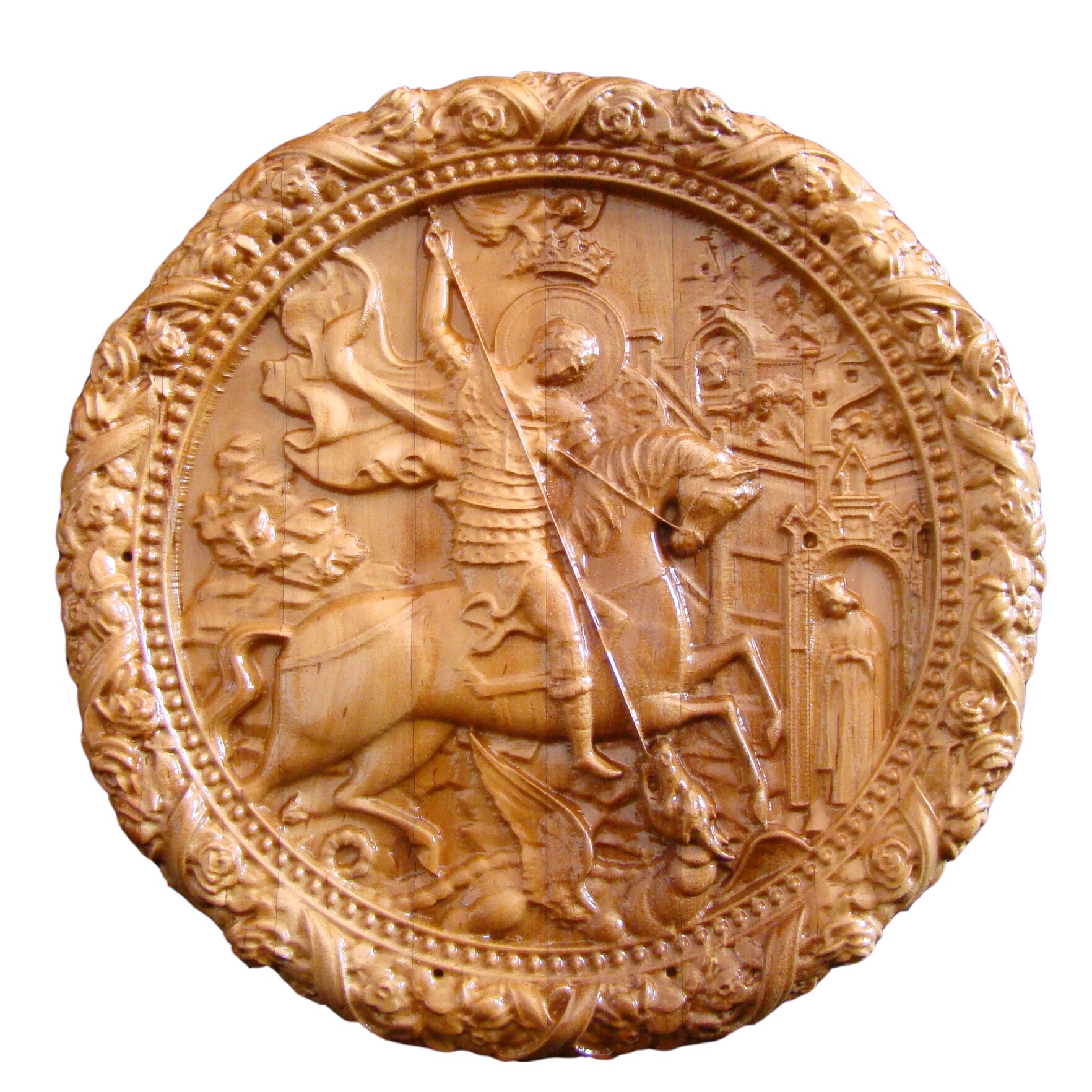 Icoana sculptata Sfantul Mare Mucenic Gheorghe, lemn masiv, rama florala, diametru 19.5 cm