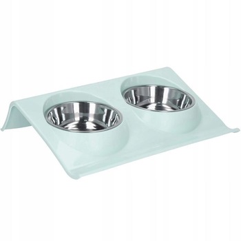 Castron, bol, pentru caine, pisica, dublu, cu suport, inox si plastic, albastru, 2 x 14 cm Castron, bol, pentru caine, pisica, dublu, cu suport, inox si plastic, albastru, 2 x 14 cm