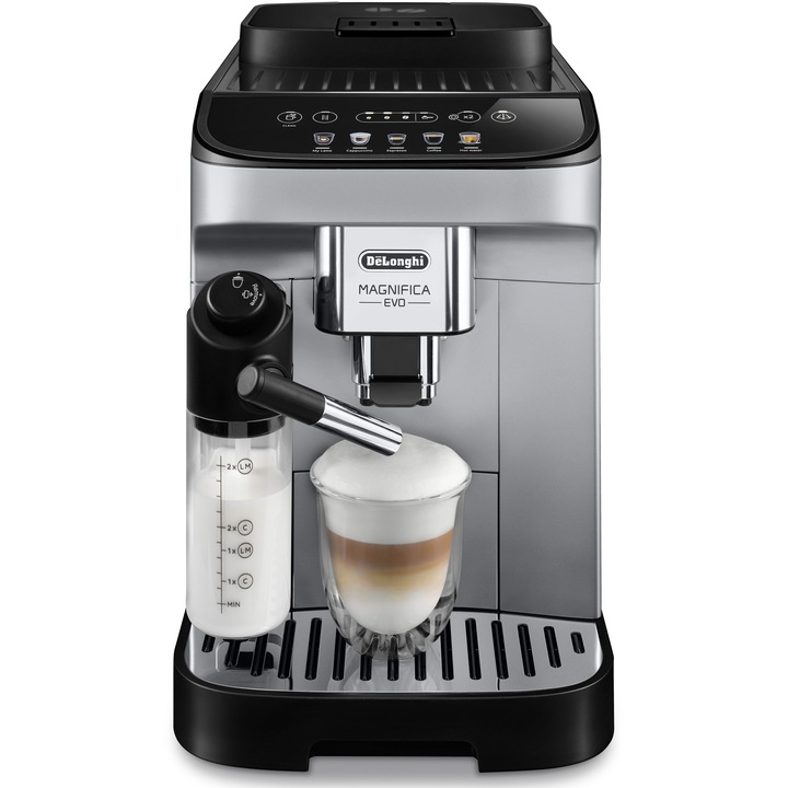 Espressor automat De'Longhi Magnifica Evo ECAM 290.61.SB, 1450W, 6 tipuri de bauturi, 15 bari, Carafa pentru lapte, Sistem LatteCrema, Rasnita cu 13 setari, Negru/argintiu
