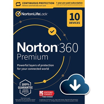 Norton 360 Premium 2021, 10 Dispozitive, 1 an, 75GB Cloud - Licenta Electronica Norton 360 Premium 2021, 10 Dispozitive, 1 an, 75GB Cloud - Licenta Electronica