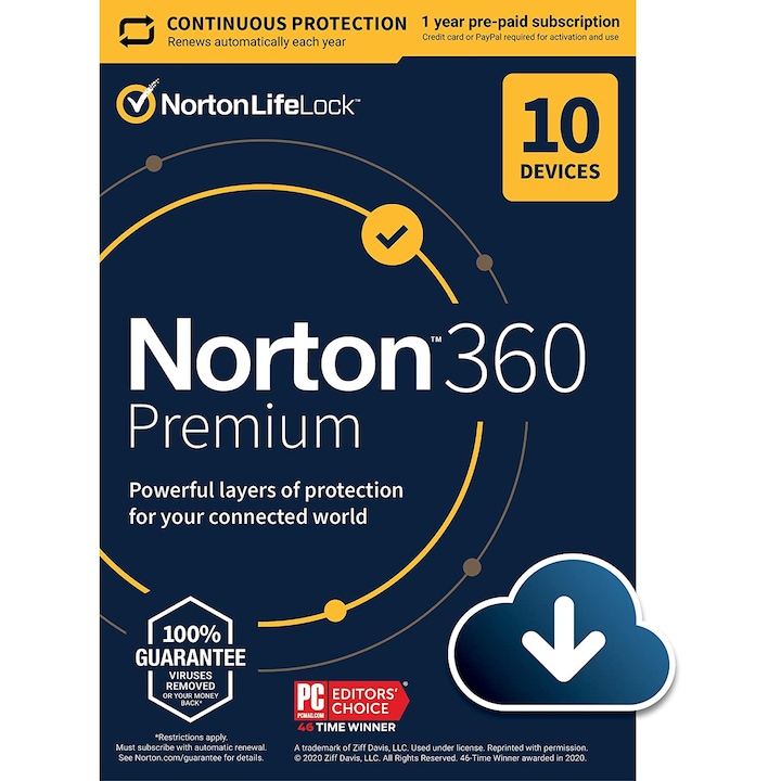 Norton 360 Premium 2021, 10 Dispozitive, 1 an, 75GB Cloud - Licenta Electronica