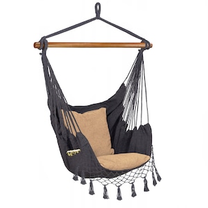 Hamac tip leagan suspendat pentru casa sau gradina HM43, gri inchis cu perne, 130x100cm, 150kg
