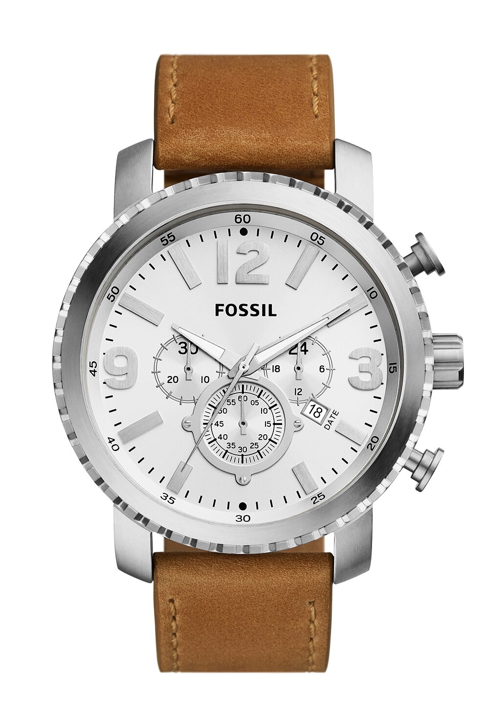 Fossil, Ceas cronograf din otel inoxidabil, Maro caramel/Argintiu