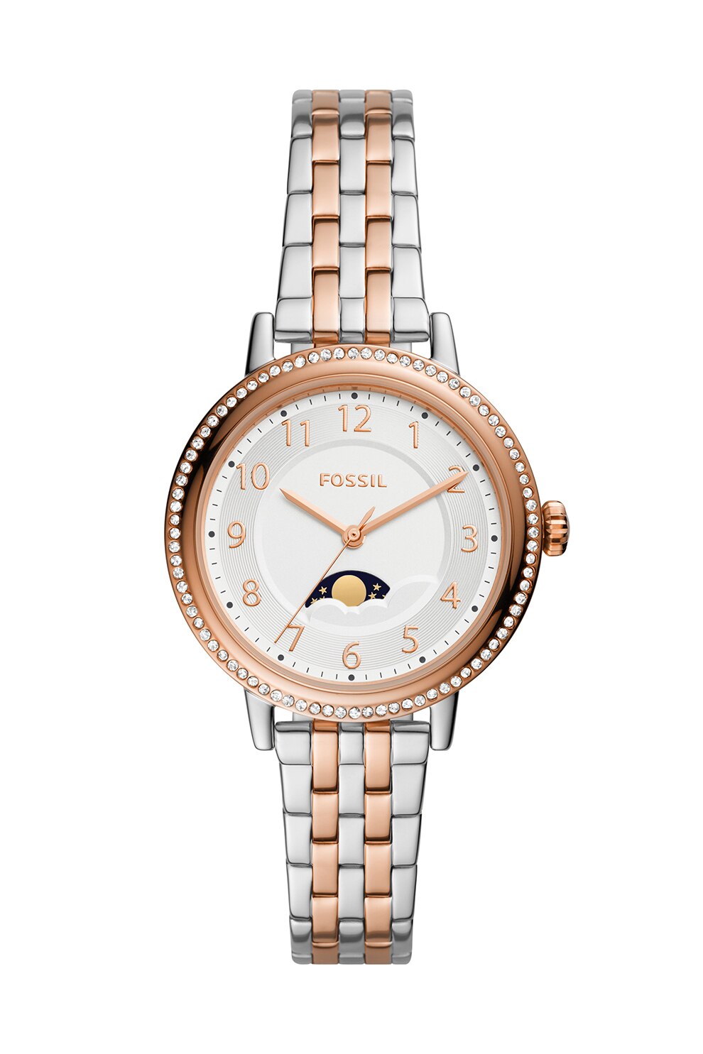 Fossil, Ceas cu model in doua tonuri si cadran cu fazele lunii, Argintiu/Auriu rose
