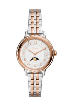 Fossil, Ceas cu model in doua tonuri si cadran cu fazele lunii, Argintiu/Auriu rose Fossil, Ceas cu model in doua tonuri si cadran cu fazele lunii, Argintiu/Auriu rose