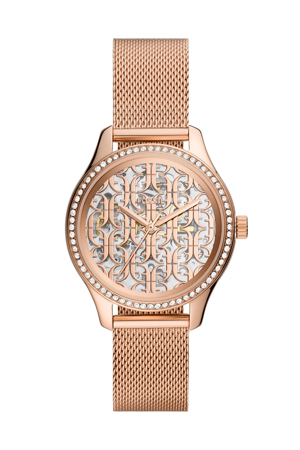 Fossil, Ceas automatic cu bratara cu model plasa, Auriu rose