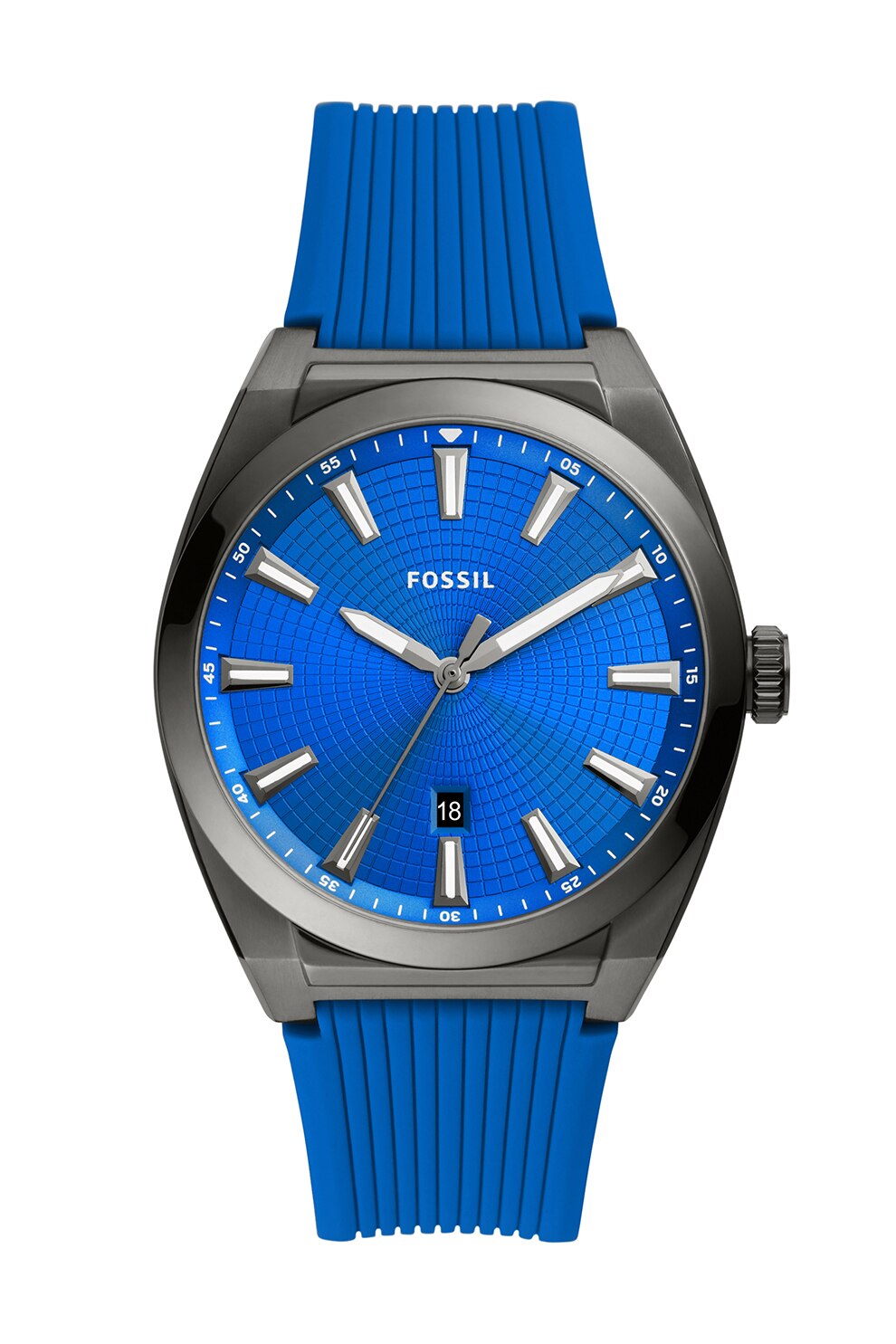Fossil, Ceas cu trei indici si curea din silicon, Albastru royal/gri hematit
