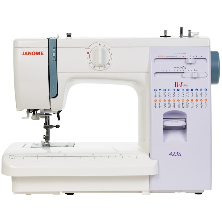 Masina de cusut electromecanica JANOME 423S, 23 Programe, 860 Imp/Min, 60W, Alb/Mov