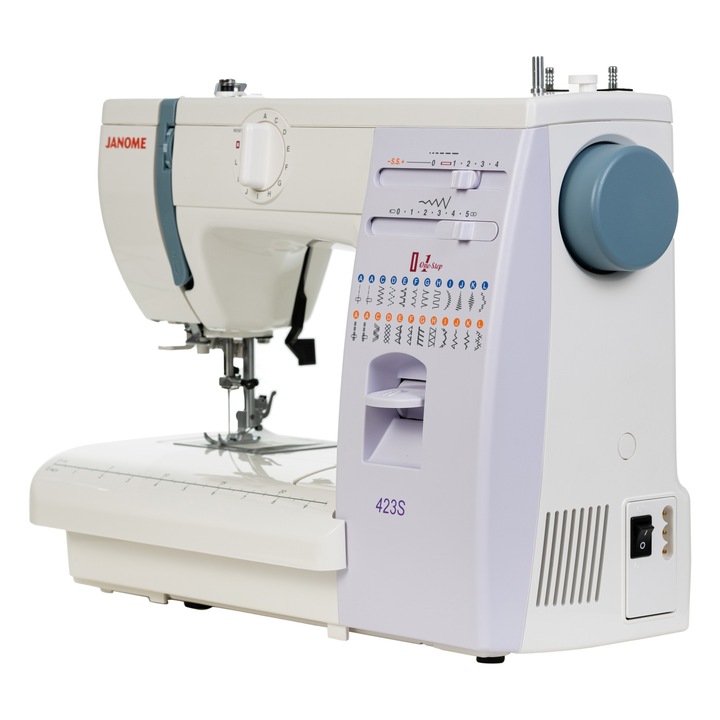 Masina de cusut electromecanica JANOME 423S, 23 Programe, 860 Imp/Min, 60W, Alb/Mov