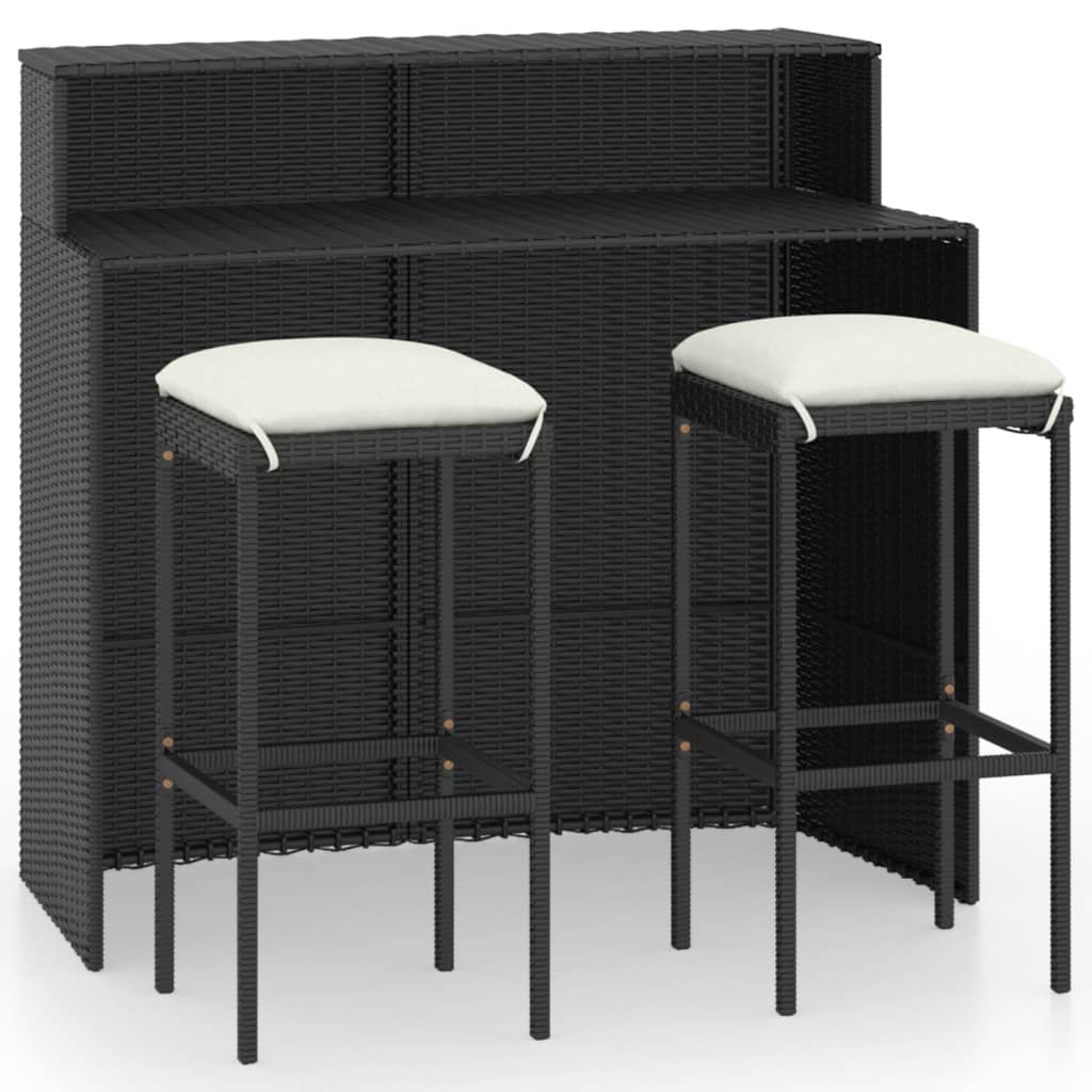 Set mobilier de bar de gradina 3 piese, masa cu scaune cu pernute, vidaXL, Poliratan, 120 x 55 x 110 cm, Negru/Alb
