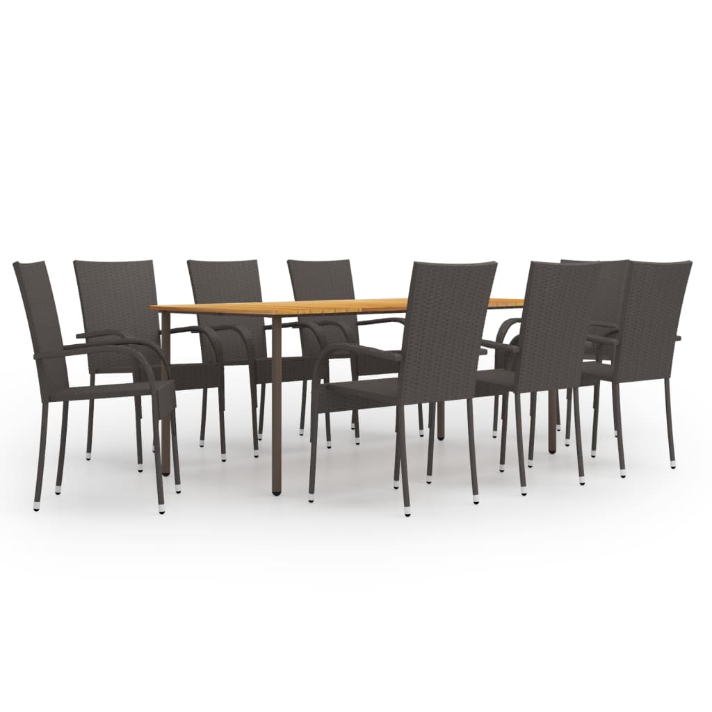 Set mobilier de terasa sau balcon 9 piese, masa cu 8 scaune, vidaXL, Lemn masiv/Ratan, 200 x 100 x 72 cm, Maro
