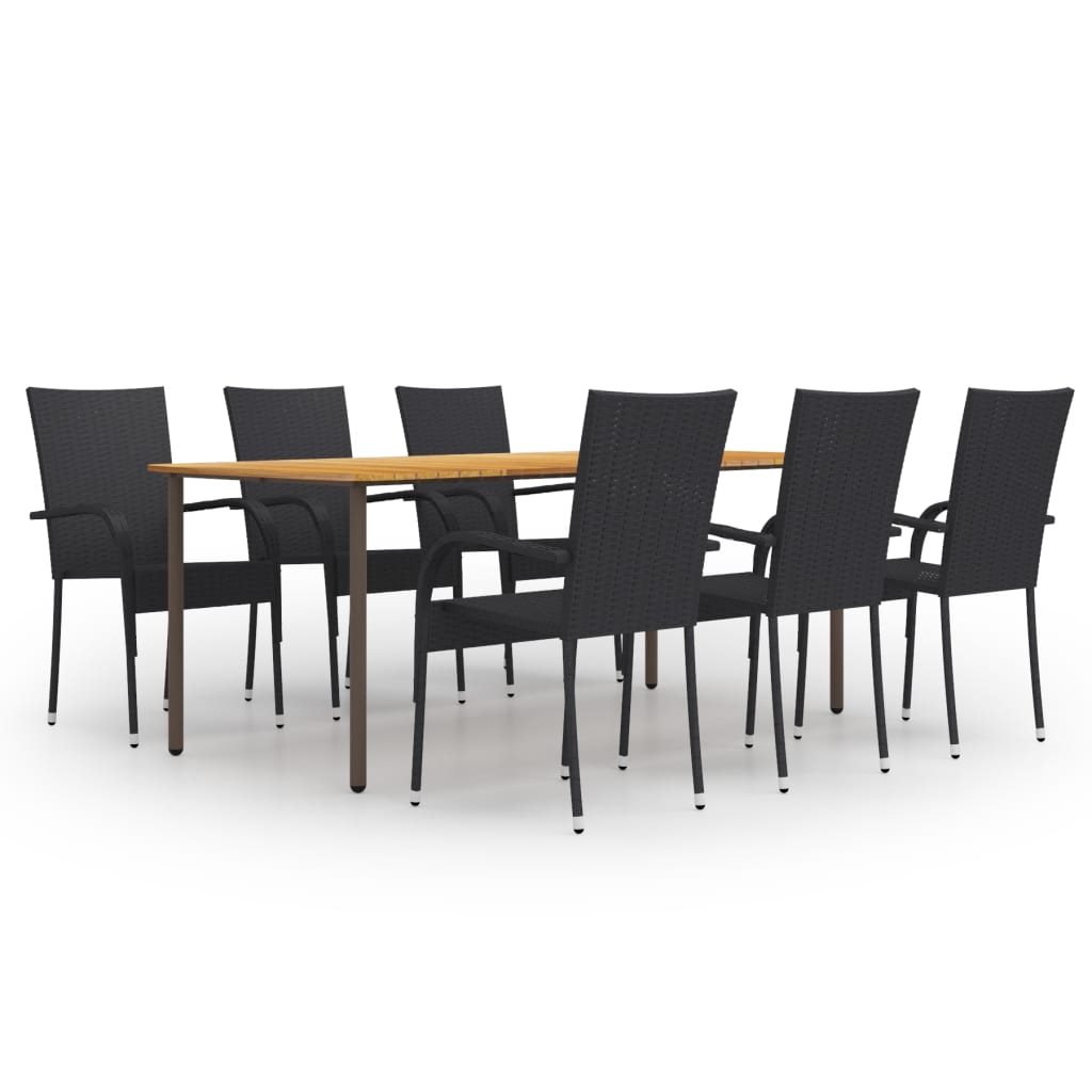 Set mobilier de terasa sau balcon 7 piese, masa cu 6 scaune, vidaXL, Lemn masiv/Ratan, 200 x 100 x 72 cm, Negru