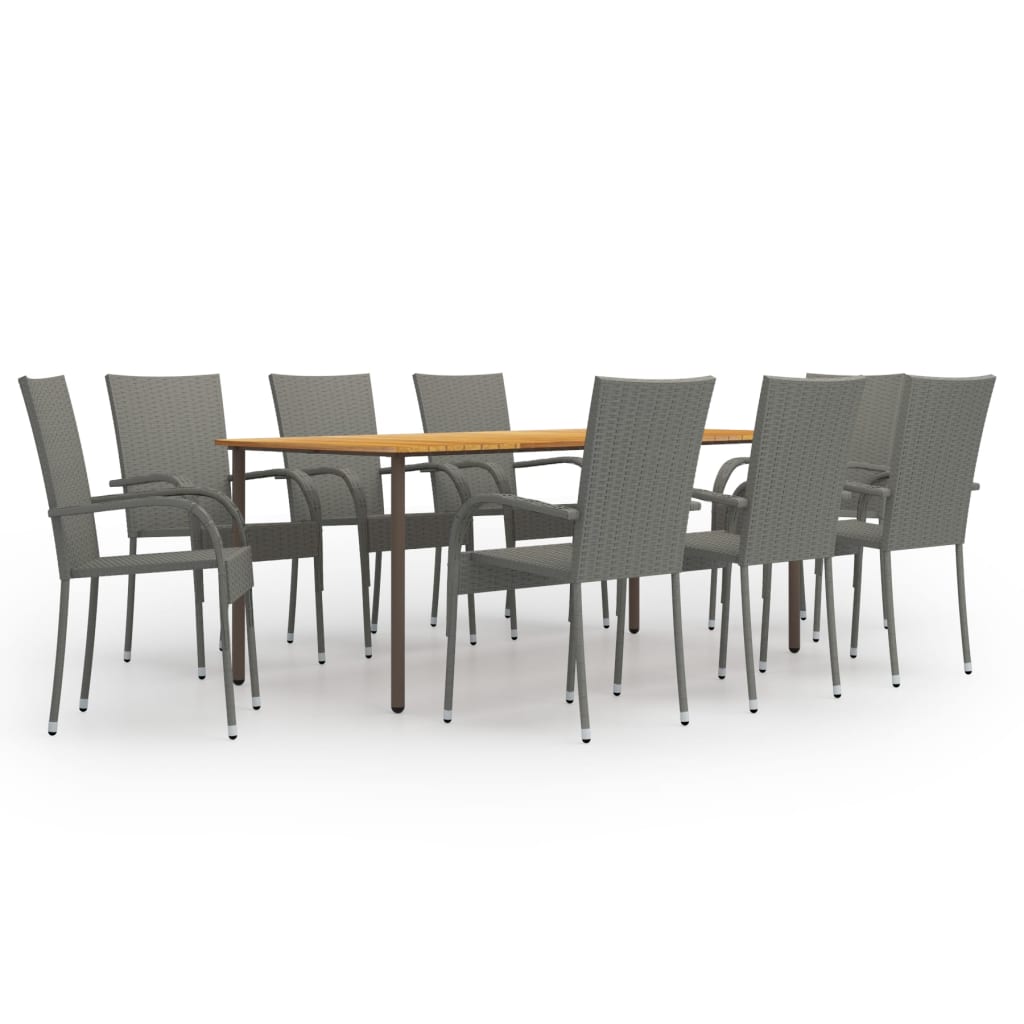 Set mobilier de terasa sau balcon 9 piese, masa cu 8 scaune, vidaXL, Lemn masiv/Ratan, 200 x 100 x 72 cm, Gri