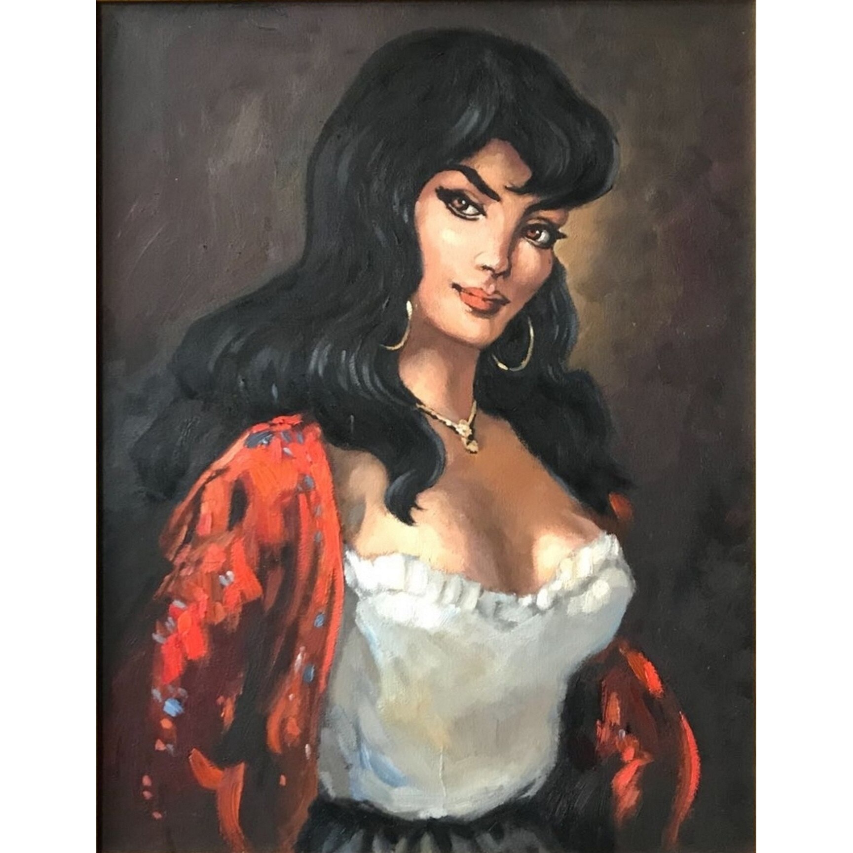 Tablou pictat manual cu portret de femeie bruneta, pictura ulei 62/61cm