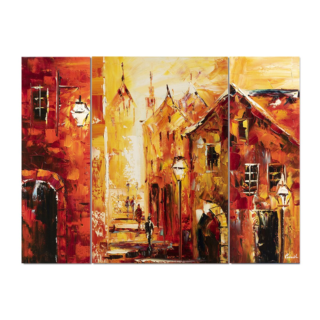 Tablou living pictat manual din 3 piese, Artnova - La plimbare prin centrul vechi - 120x90cm in cutit, efect 3D