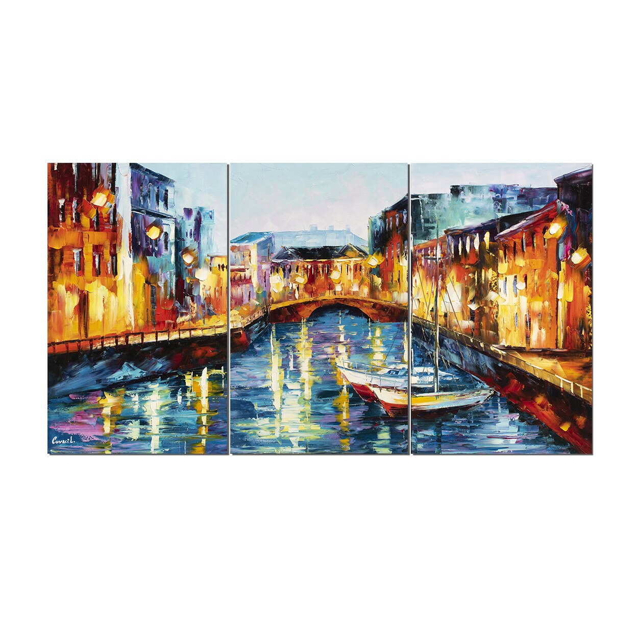Tablou living pictat manual din 3 piese, Artnova - Amsterdam - 150x80cm in cutit, efect 3D